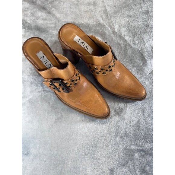 Mia womens shoes 8.5M Y2K Brown leather chunky mules heels 4" - Picture 9 of 16